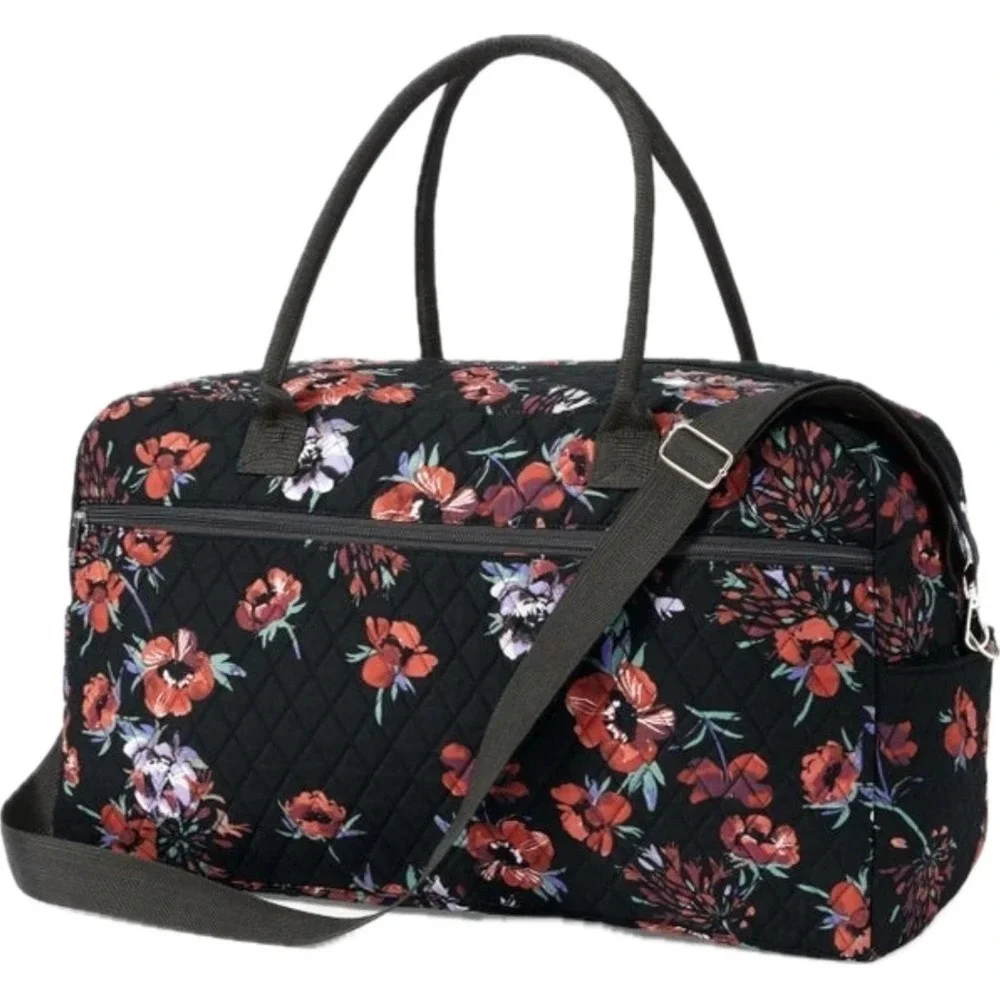 Woman Within Quilted Travel Bag and Matching Compact Mirror Set Black Red Floral
